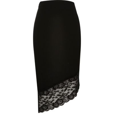 Black asymmetric lace hem pencil skirt